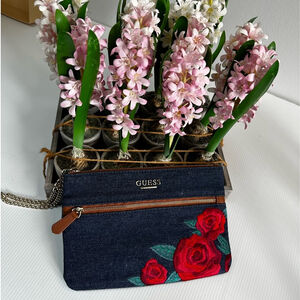 Guess denim wristlet with rose embroidery brand new